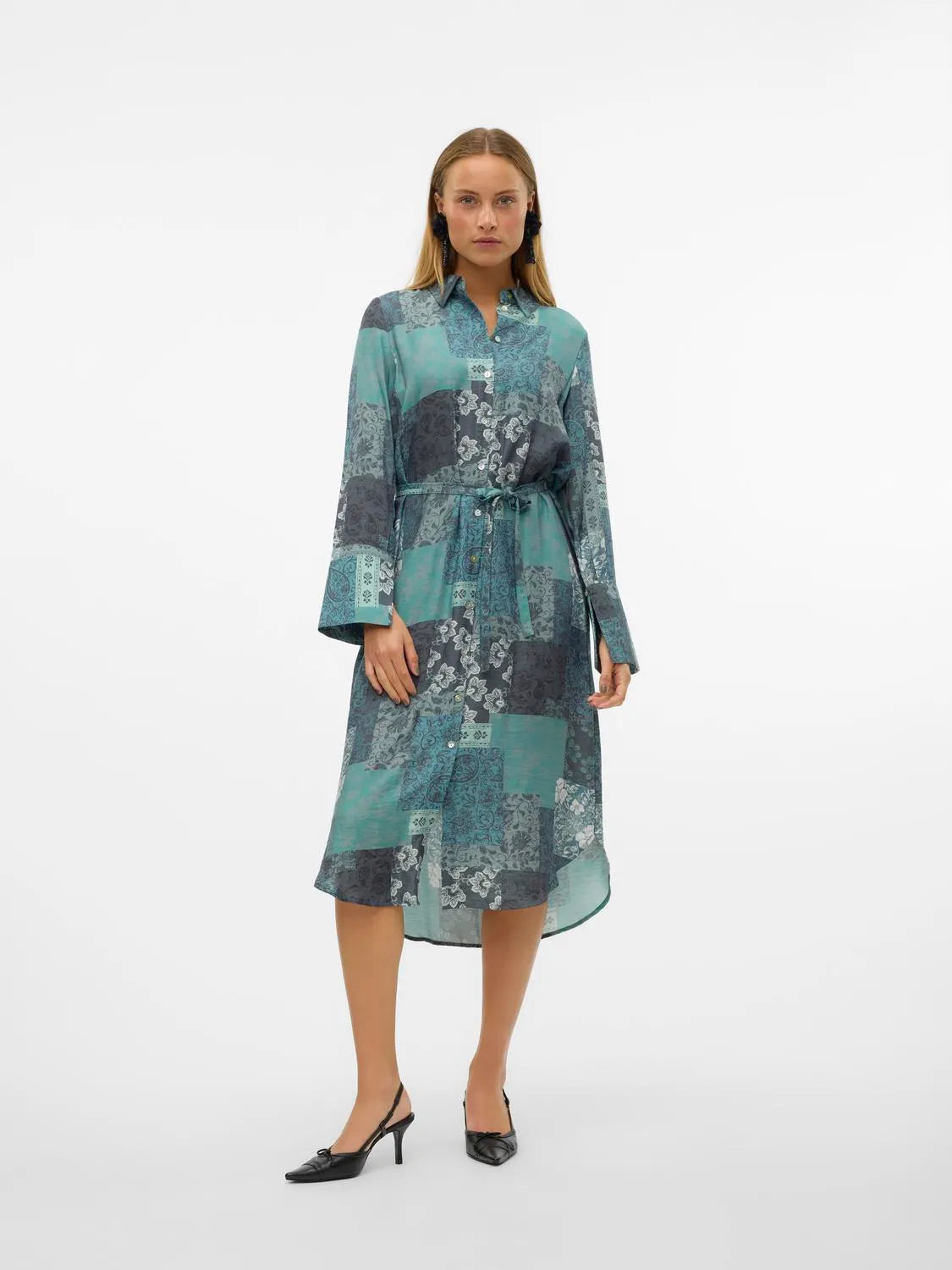 VERO MODA Natja Flora LS Shirt Dress - Green Print