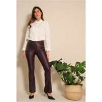 COPE CLOTHING : Coated Flared Prune Trousers